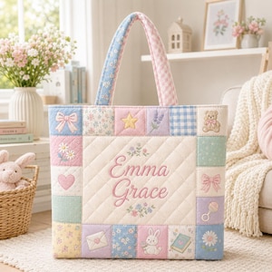 Pode incluir: Uma bolsa tote acolchoada com uma borda de patchwork de quadrados em tons pastel com padrões florais, xadrez e estrelas. O painel central é creme com costura em losangos e o nome Emma Grace bordado em letra cursiva rosa.