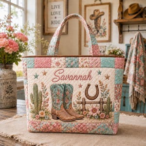 Personlig cowgirl quiltad tygväska, västerländsk blommig axelväska, cowboystövlar lapptäcke, rustik lantlig present till henne