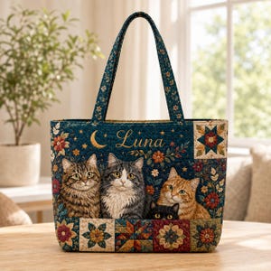 Op de afbeelding: Een gewatteerde tas met een donkerblauwe achtergrond met bloemenpatroon, een maansikkel en de naam Luna in gouden letters. De tas toont drie katten in het midden en een zwarte kat eronder, met kleurrijke stervormige quiltblokken in de randen.