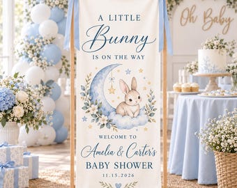 Personalized Cute Bunny Baby Shower Banner, Custom Moon Stars Baby Welcome Sign, Linen Baby Shower Backdrop, Fabric Tapestry Party Decor