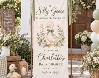 Custom Goose Baby Shower Welcome Banner, Personalized Linen Baby Shower Sign, Fabric Baby Shower Backdrop, Neutral Baby Shower Party Decor