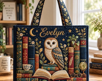 Bolso de mano acolchado personalizado con diseño de búho y libro, bolso personalizado para amantes de los libros con diseño de búho, bolso de hombro adorable para lectoras, regalo ideal para mujeres lectoras.