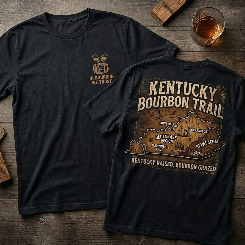 Puede incluir: Dos camisetas de color gris oscuro. Una presenta un peque&ntilde;o gr&aacute;fico de un barril y vasos con el texto "IN BOURBON WE TRUST". La otra camiseta muestra un mapa del Kentucky Bourbon Trail con el texto "KENTUCKY BOURBON TRAIL" y "KENTUCKY RAISED, BOURBON GRAZED."