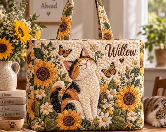 Bolso de mano acolchado personalizado con diseño de girasoles y gatos, bolso de mano floral con diseño de gatos, bolso de hombro con estampado de jardín otoñal para amantes de los gatos, regalo para mamás de gatos.