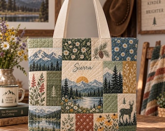 Bolso de mano personalizado con retazos de bosque de montaña, bolso de naturaleza personalizado, bolso de sol con flores silvestres, bolso de hombro rústico floral para amantes de la aventura. Regalo ideal.