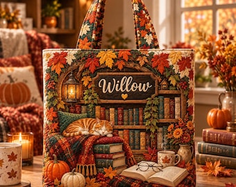Bolso de mano acolchado personalizado con diseño de estantería otoñal, bolso de hombro con estampado floral de calabaza, regalo para amantes de los libros, bolso de lectura con temática otoñal para ratones de biblioteca.