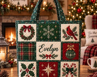 Bolso de mano acolchado navideño personalizado, bolso de hombro patchwork con nombre personalizado, bolso de compras navideño de tartán, bolso de regalo navideño para ella.