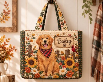 Bolso de mano acolchado personalizado con diseño de Golden Retriever, bolso de mano personalizado para amantes de los perros, regalo para mamás perrunas con estampado floral, bolso de hombro con diseño de Golden Retriever.