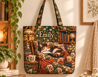 Bolso de mano acolchado personalizado con diseño de gato y libro, bolso de biblioteca con nombre personalizado para gatos, regalo para amantes de los gatos y lectores empedernidos, bolso de lectura ideal para mujeres.