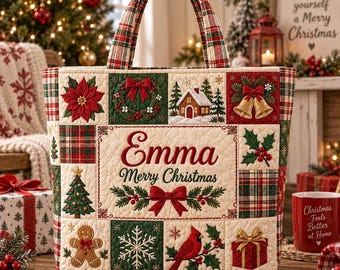 Bolso de mano navideño acolchado personalizado, bolso de mano navideño con patchwork y nombre personalizado, bolso de mano vintage con diseño de árbol de Navidad de flor de Pascua y jengibre, regalo para mujer.