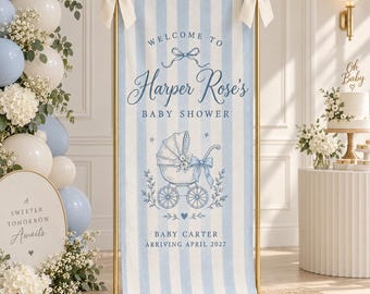 Personalized Stripe Linen Baby Shower Banner, Custom Fabric Baby Boy Welcome Sign, Baby Tapestry Party Decor Backdrop, Baby Blue Celebrating