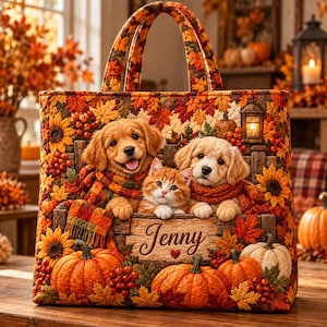 Può includere: Una borsa tote trapuntata con una stampa a tema autunnale di due cuccioli di golden retriever e un gattino tigrato arancione con sciarpe. Il design include girasoli, zucche, foglie autunnali e una lanterna, con il nome Jenny su un cartello.