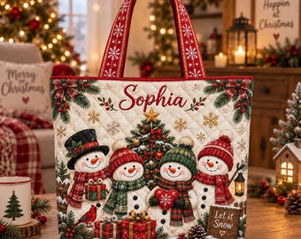 Bolso de mano acolchado con muñeco de nieve navideño personalizado, bolso de hombro navideño con nombre personalizado, bolso de invierno ideal para regalar a ella, bolso festivo para el mercado navideño.