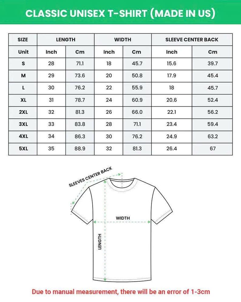 Puede incluir: Tabla de tallas para una camiseta unisex cl&aacute;sica, con medidas en pulgadas y cent&iacute;metros. Tallas de la S a la 5XL. La tabla incluye medidas de largo, ancho y centro de la manga trasera. Un diagrama de la camiseta ilustra los puntos de medici&oacute;n.
