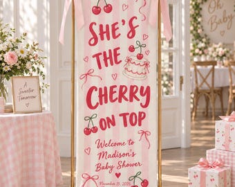 Personalized Linen Baby Girl Shower Sign, She's The Cherry on Top Welcome Banner, Custom Fabric Tapestry, Baby Shower Party Backdrop Decor