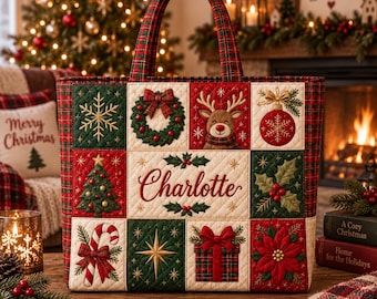 Bolso de mano acolchado con diseño de patchwork navideño personalizado, bolso de hombro vintage con árbol de Navidad y renos con nombre personalizado, bolso de compras navideño, regalo para ella.