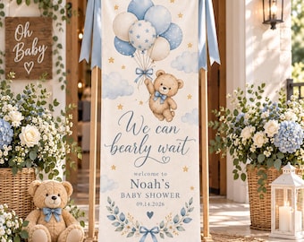 Personalized Teddy Bear Baby Shower Sign, We Can Bearly Wait Welcome Banner, Blue Theme Baby Boy Party Decor, Custom Baby Shower Tapestry