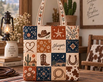 Bolso tote western personalizado, bolso tote acolchado de vaquera con nombre personalizado, bolso de hombro con patchwork de botas de cactus y herraduras, bolso boho rodeo, regalo para ella.