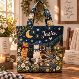 Puede incluir: Un bolso tote acolchado con una escena nocturna de cinco gatos sentados sobre un muro de piedra bajo una luna creciente y estrellas. El nombre Jessica está bordado en letras blancas. El diseño incluye una pequeña casa, árboles y margaritas.