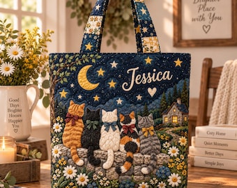 Bolso de mano acolchado personalizado con lindos gatos, bolso de mano de retazos personalizado con diseño de gato, bolso de hombro floral para amantes de los gatos, bolso de mano con diseño de gatitos, regalo para amantes de los gatos.