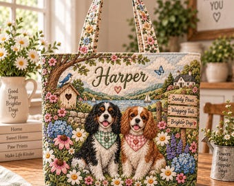 Bolso de mano acolchado personalizado con diseño de perro Cavalier King Charles Spaniel, bolso de mano floral con nombre personalizado para cachorros, bolso de hombro adorable para mamás perrunas, regalo ideal para mujeres amantes de los perros.