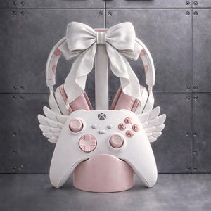 Pode incluir: Um controle Xbox branco e rosa com asas de anjo, repousando em um suporte rosa. Fones de ouvido brancos com detalhes em rosa e um grande laço branco são exibidos acima. A palavra "STL" está no topo.