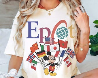 Comfort Colors® Mickey EPCOT Shirt, Vintage Mickey Flaggen der Länder im Stil der 90er Jahre BTW Unisex T-Shirt, Disney EPCOT World Tour, Familienreise Shirt