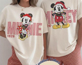 Retro Checkered Mickey Minnie Christmas Shirt, Christmas Family Shirt, Disney Xmas Couple Shirt, Disneyland Sweatshirt, Disney Trip 2026 Tee