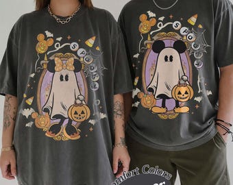 Comfort Colors Mickey Minnie Halloween Matching Couple T-Shirt, Mickey Mouse Ghost Shirt, Coquette Mickey Ghost Shirts Spooky Season Shirt