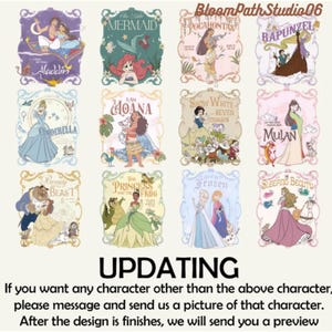 Op de afbeelding: Een verzameling van twaalf rechthoekige grafische illustraties met diverse geanimeerde personages, elk ingelijst in een decoratieve rand met hun respectievelijke titels. De tekst BloomPathStudio06 staat bovenaan, met UPDATING en instructies onder de afbeeldingen.