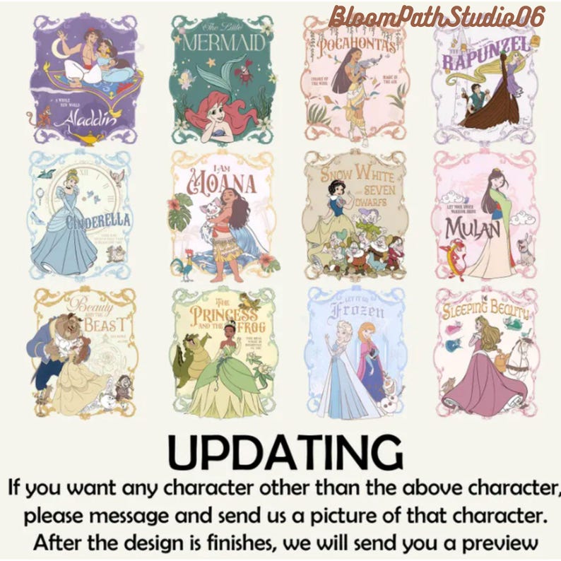 Op de afbeelding: Een verzameling van twaalf rechthoekige grafische illustraties met diverse geanimeerde personages, elk ingelijst in een decoratieve rand met hun respectievelijke titels. De tekst BloomPathStudio06 staat bovenaan, met UPDATING en instructies onder de afbeeldingen.