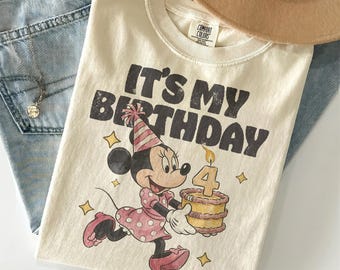Camiseta personalizada de Minnie en acuarela para cumpleaños, camiseta infantil de Minnie de Disney para niños pequeños, camiseta "Es mi cumpleaños", viaje familiar de cumpleaños a WDW