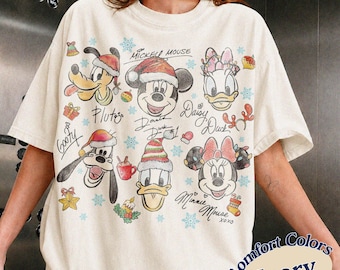 Retro Mickey And Friends Christmas Signatures Shirt, Disney Mouse Head Christmas Tee, Disneyland Family Trip 2026, Mickey & Co Holiday Gift