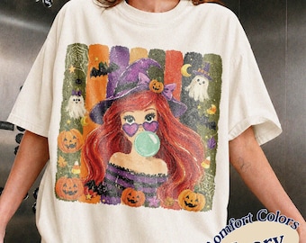 Camiseta retro de Halloween de Ariel de La Sirenita, camiseta con póster de la Princesa Ariel y Flounder, camiseta de Halloween de Disney, regalo para un viaje de chicas a Walt Disney World