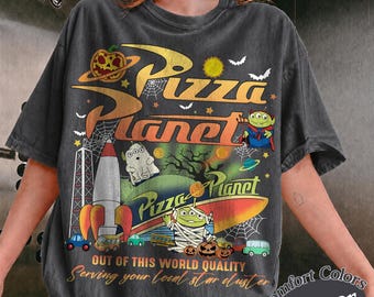 Vintage Aliens Toy Story Pizza Planet Halloween Shirt, WDW Disneyland Toy Story Land Pizza Lovers Gift, Mickey's not so scary Halloween tee