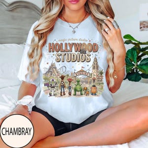 May include: A light blue t-shirt featuring a graphic print of the text magic picture studio HOLLYWOOD STUDIOS above an illustration of various animated characters standing in front of a theme park entrance with a roller coaster in the background.