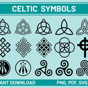 Può includere: Una collezione di simboli celtici neri su sfondo azzurro. L'immagine include vari disegni di nodi, croci e spirali. Il testo in alto recita "CELTIC SYMBOLS" e in basso "INSTANT DOWNLOAD" e "PNG, PDF, SVG, EPS".