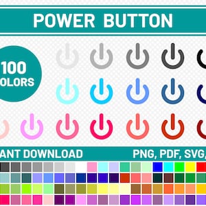Puede incluir: Un conjunto gráfico digital con el texto POWER BUTTON, 100 COLORS, INSTANT DOWNLOAD y PNG, PDF, SVG, EPS. Muestra múltiples iconos de botón de encendido en varios tonos, incluyendo azul claro, rosa, rojo y negro, sobre una cuadrícula.