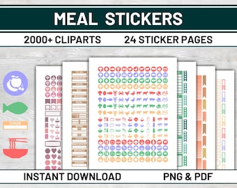 May include: A digital collection of meal stickers featuring 24 pages and over 2000 cliparts. The sheets display various icons including food, animals, and organizational labels with text like TO DO, REMINDER, and COOK. The set is available as an instant download in PNG and PDF formats.
