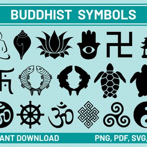 May include: A collection of black Buddhist symbols on a light blue background. The image includes a Buddha figure, lotus flower, Hamsa hand, swastika, and other religious icons. Text at the top reads "BUDDHIST SYMBOLS".