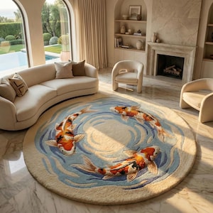 Round hand tufted wool rug with koi fish pond design