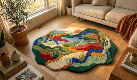 Abstract Landscape Rug, Irregular Shape Rug, Colorful Wool Rug, Maximalist Decor, Hand Tufted Carpet, Eclectic Floor Art, Boho Living Room