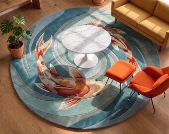 Koi Fish Rug, Hand Tufted Japanese Art Carpet, Yin Yang Wool Area Rug, Round Blue Ocean Floor Mat, Zen Garden Good Luck Home Decor
