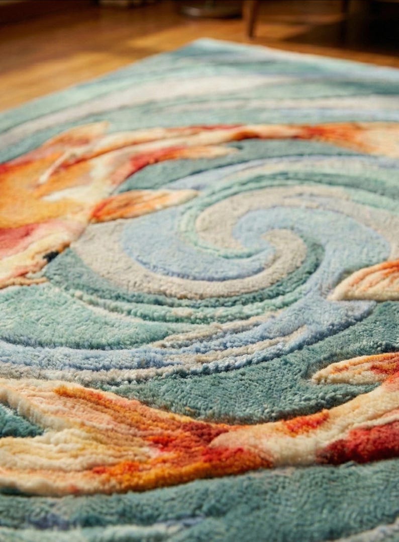 Premium quality wool rug with realistic fish and water design, plush floor mat for nursery.