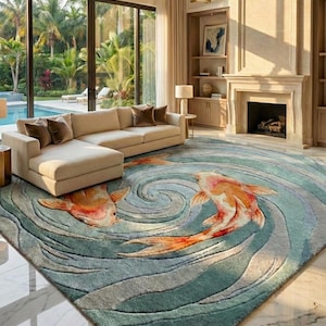 Aesthetic living room decor rug, soft tufted wool carpet with swimming koi fish design.