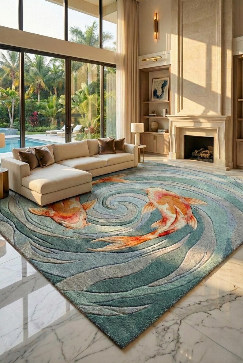 Aesthetic living room decor rug, soft tufted wool carpet with swimming koi fish design.