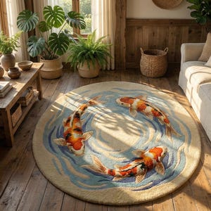 Luxury round area rug with 3D textured fish pattern