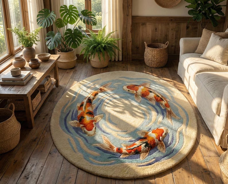 Luxury round area rug with 3D textured fish pattern