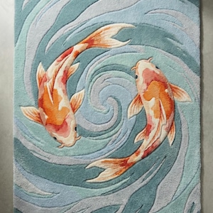 Custom hand-tufted rug with colorful koi fish and water texture, trendy home decoration.