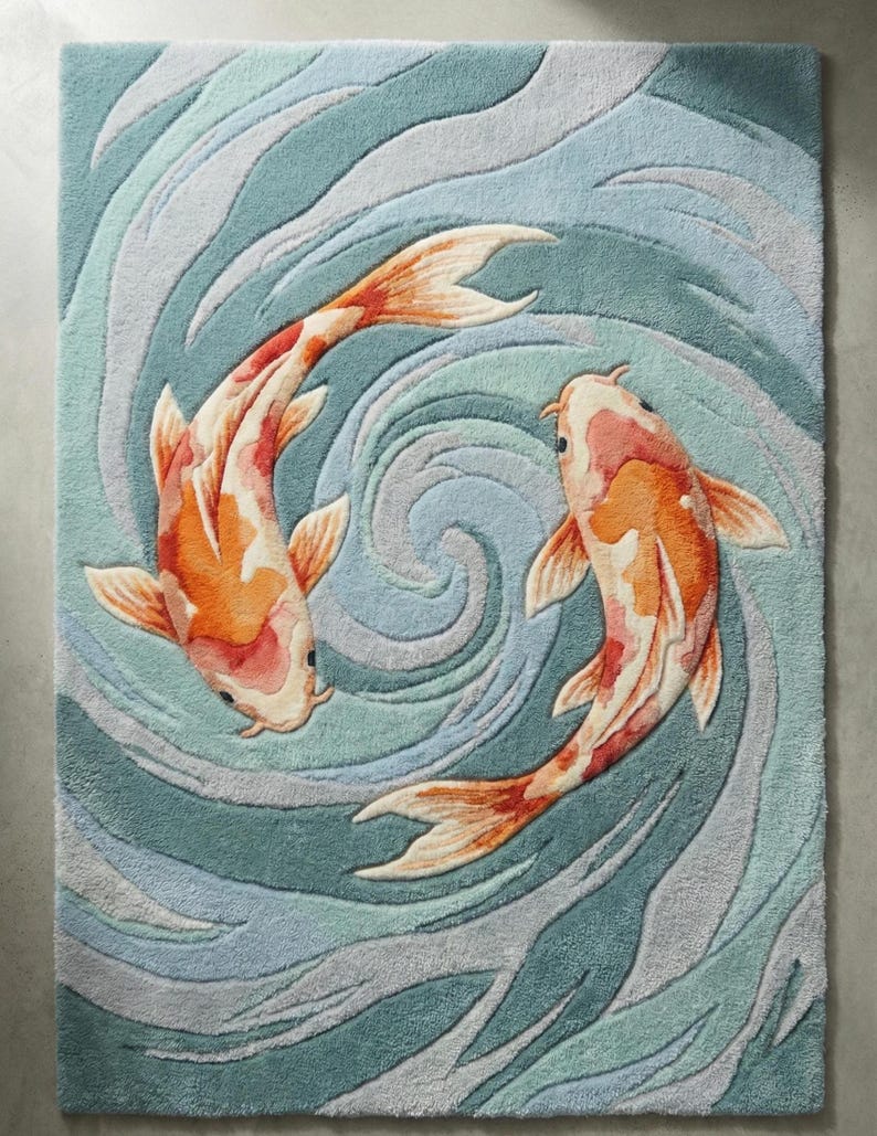 Custom hand-tufted rug with colorful koi fish and water texture, trendy home decoration.